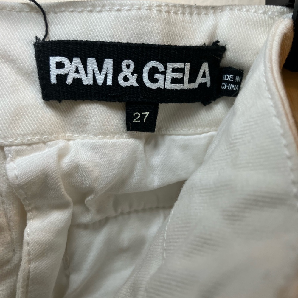 Pam &Gela white pants Navy Gold side stripe fringed bottom sz 27 - Picture 6 of 13